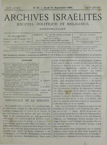 Archives israélites de France. Vol.45 N°37 (11 sept. 1884)